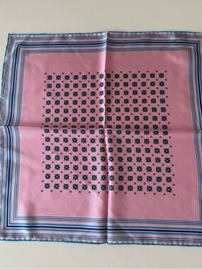 100% Silk Pastel Pink Patterned Scarf with Blue Accents, 16in by 16in EUC